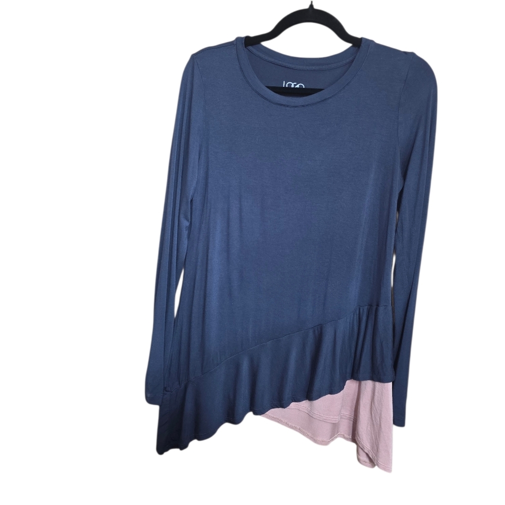 LOGO‎ by Lori Goldstein Navy and Mauve Long Sleeve Asymmetrical Peplum Top